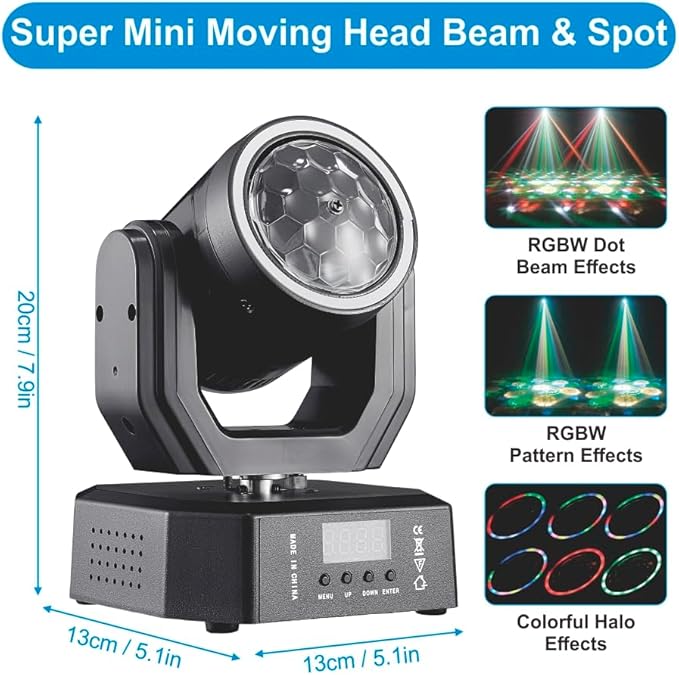 Mini Moving Head Light, 30W Compact Led DJ Stage Lights Moving Head Beam Spot with Halo Effects, Remote/ DMX512/ Sound Control for Wedding DJ Party Disco Club Small Venues