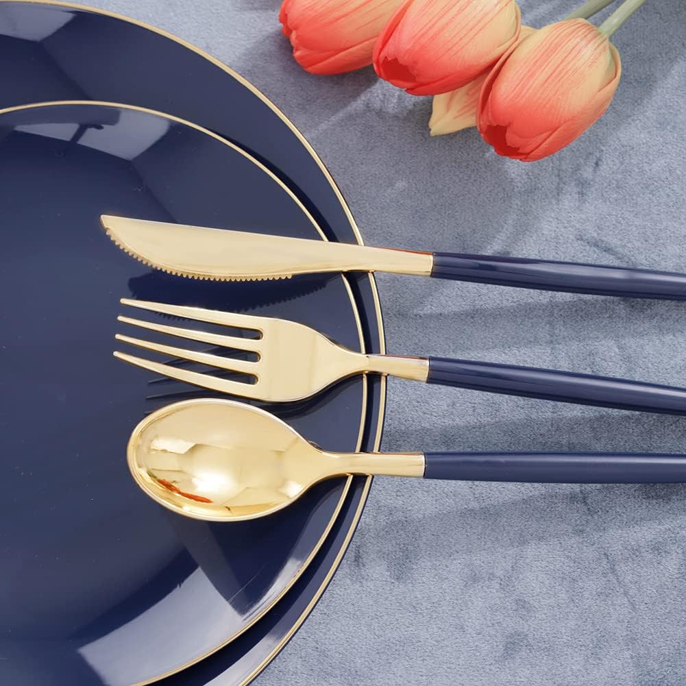Liacere 150PCS Blue Plastic Plates - Gold Plastic Silverware with Blue Handle - Navy Disposable Plates Include 30 Guests Plates,Forks,Spoons,Knives for Wedding & Party & Halloween