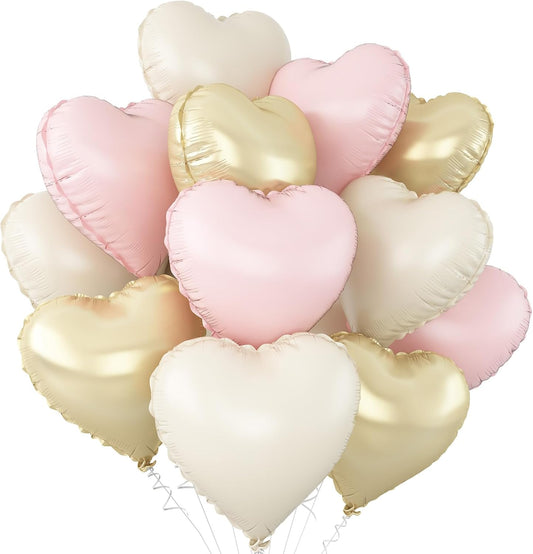 Pink White Gold Heart Balloons,12Pcs 18Inch Cream White Baby Pink Champagne Gold Heart Shaped Foil Helium Balloons for Baby Shower Birthday Anniversary Wedding Engagement Party Decorations