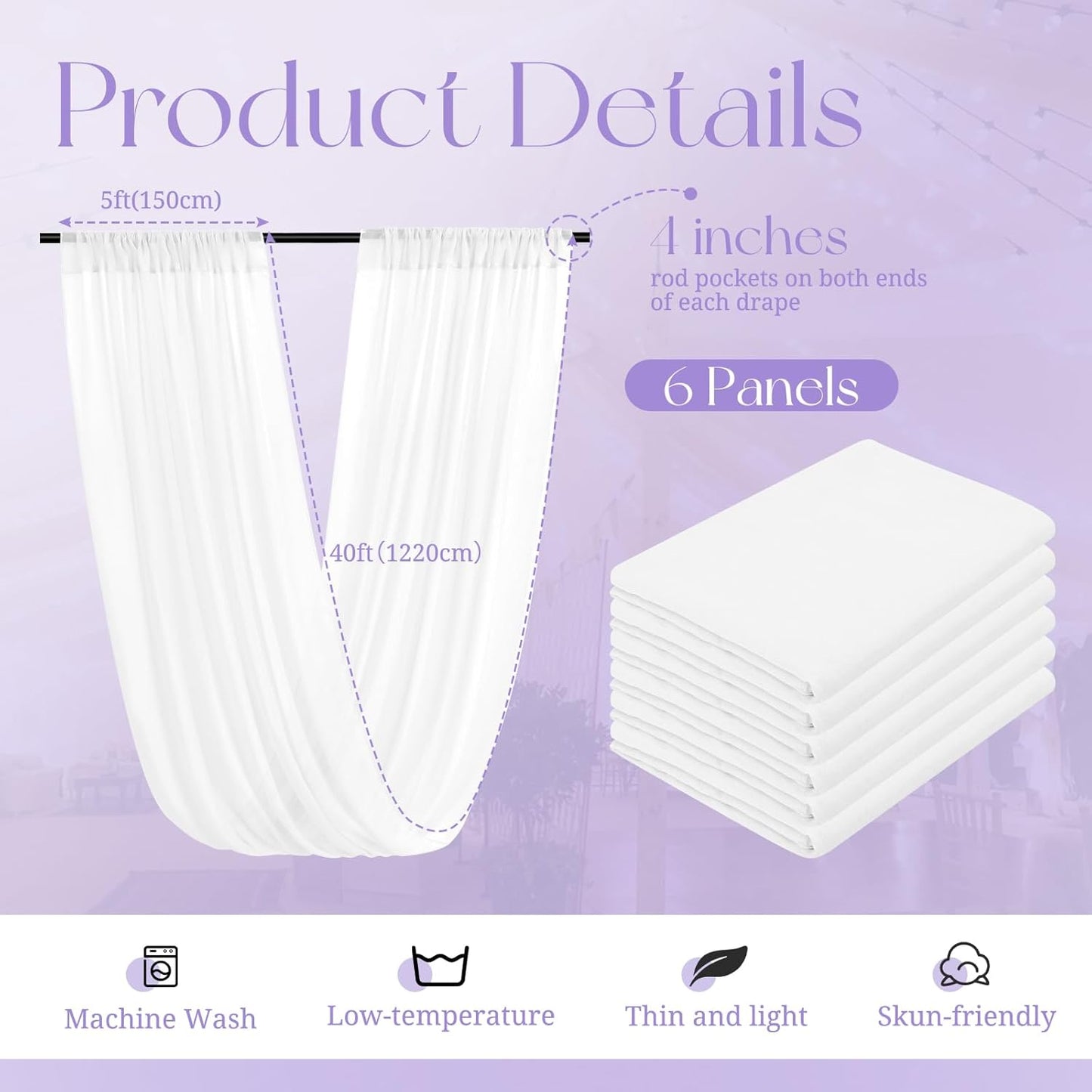 6 Panels White Ceiling Drapes for Wedding, 5ftx40ft Ceiling Drapes Cheesecloth Sheer Fabric Curtain Wedding Arch Draping Fabric Romantic Ceiling Decorations for Wedding Party Ceremony Stage