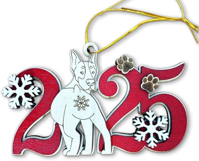 Doberman Pinscher 2025 Wooden Christmas Ornament – Dog Lover Xmas Tree Hanging Decoration, Holiday Keepsake Gift with Snowflakes & Paw Prints