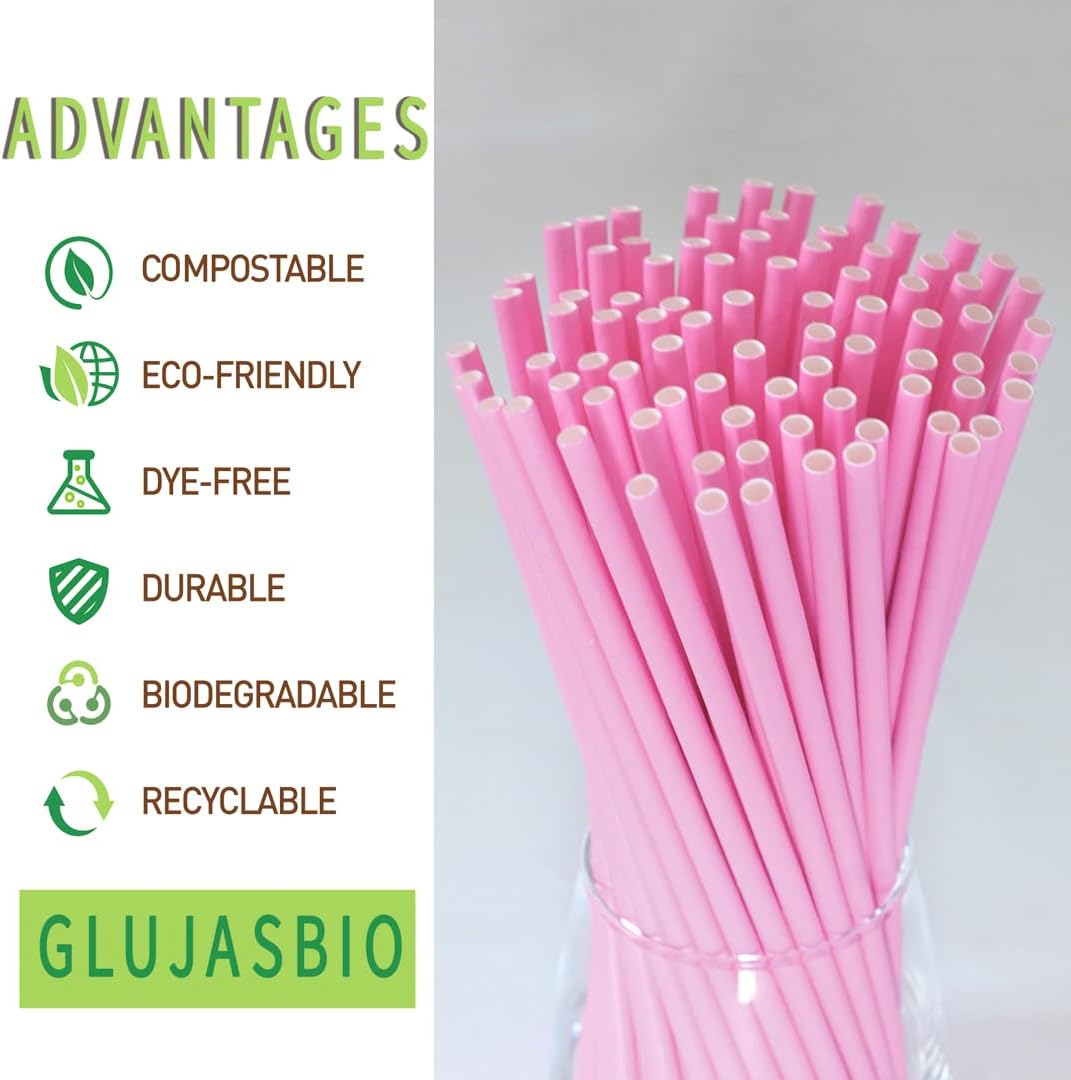 Pink Cocktail Paper Straws - Biodegradable Disposable Drinking Straws for Weddings, Birthdays, Baby Showers, Party Supplies, 100 Pack Bulk, 7.75" x 0.24"