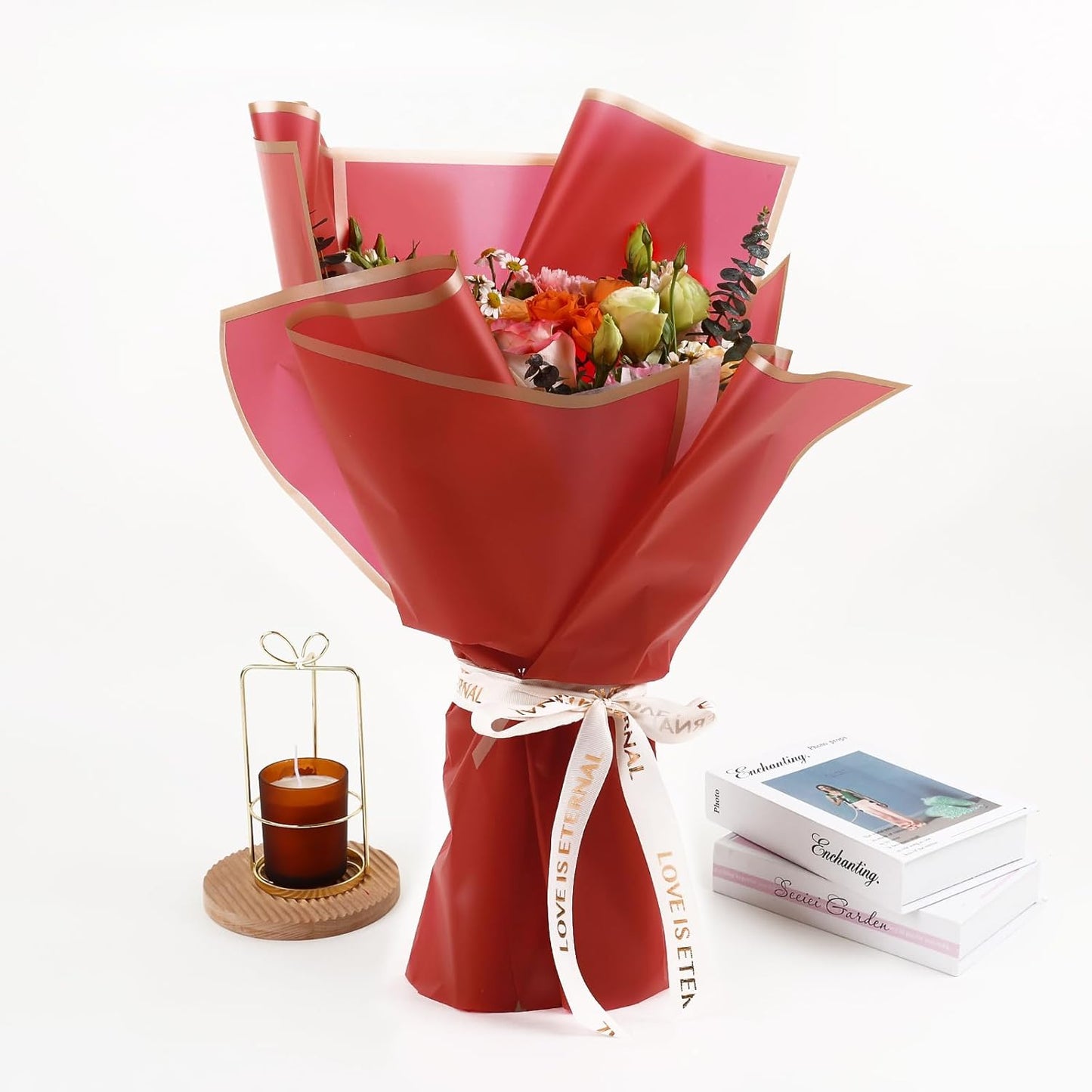 NESCCI 20 Sheet Flower Wrapping Paper - Waterproof Floral Bouquet Wrapping Paper, Florist Supplies Packaging Paper for Wedding Birthday Gift DIY (Big red)