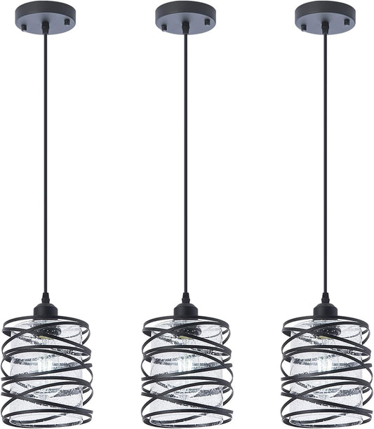 Modern Mini Pendant Light Fixture 3-Pack Kitchen Island Pendant Lighting 6.3''Matte Black Spiral Cage Handblown Clear Seeded Glass Shade Adjustable Cord for Dining Room
