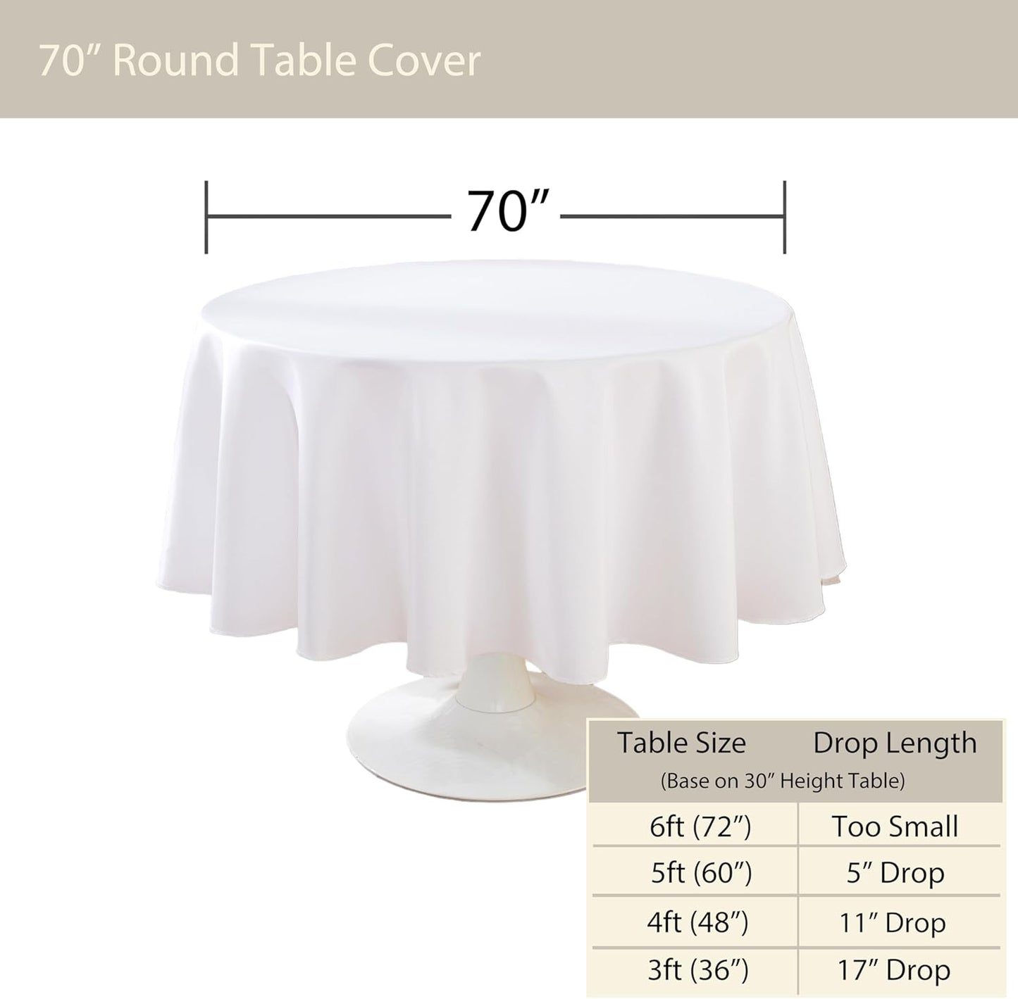 Craft And Party Round Tablecloth, 70 Inch White Tablecloth, Polyester Fabric Washable Table Cloth for Home, Party, Wedding or Restaurant Use.