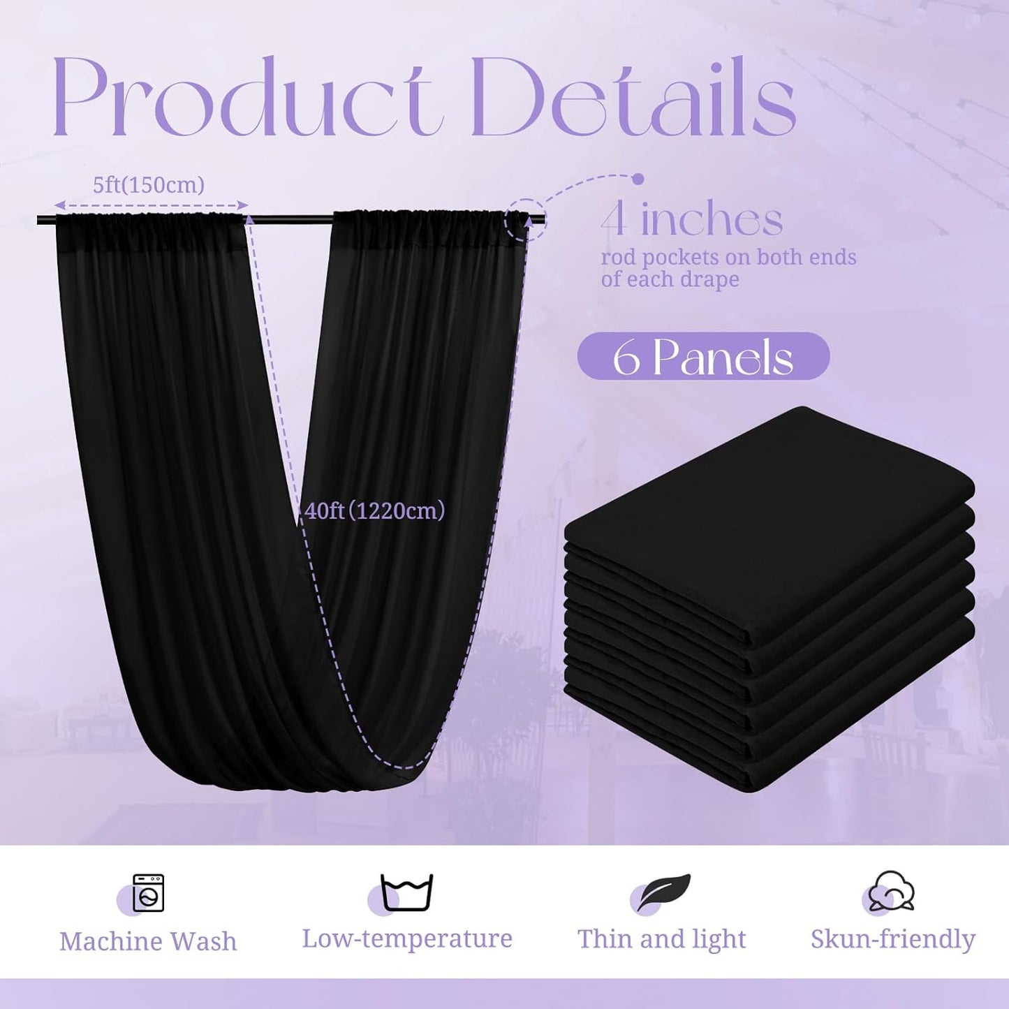 6 Panels Black Ceiling Drapes for Wedding, 5ftx40ft Ceiling Drapes Cheesecloth Sheer Fabric Curtain Wedding Arch Draping Fabric Romantic Ceilings Decorations for Weddings Party Ceremony Stage