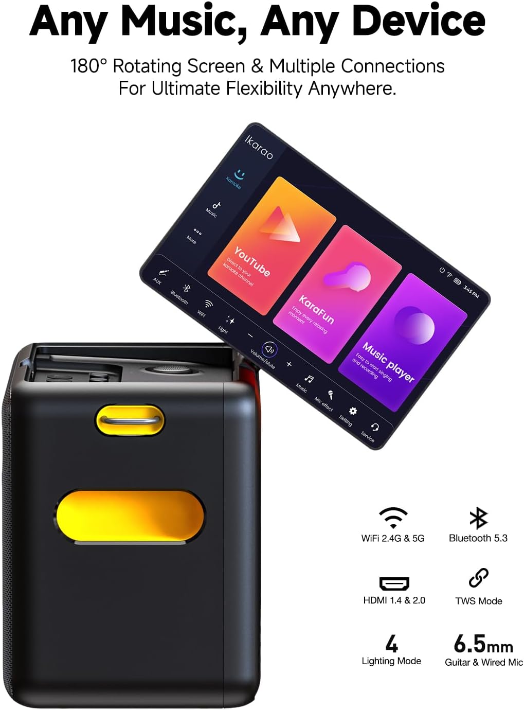 Ikarao Karaoke Machine with Microphone Stand, Portable Bluetooth Speaker for Party, Backyard, Karaoke System with 2 Wireless Microphone for Adults Kids, for Women, Men, Singing Lovers