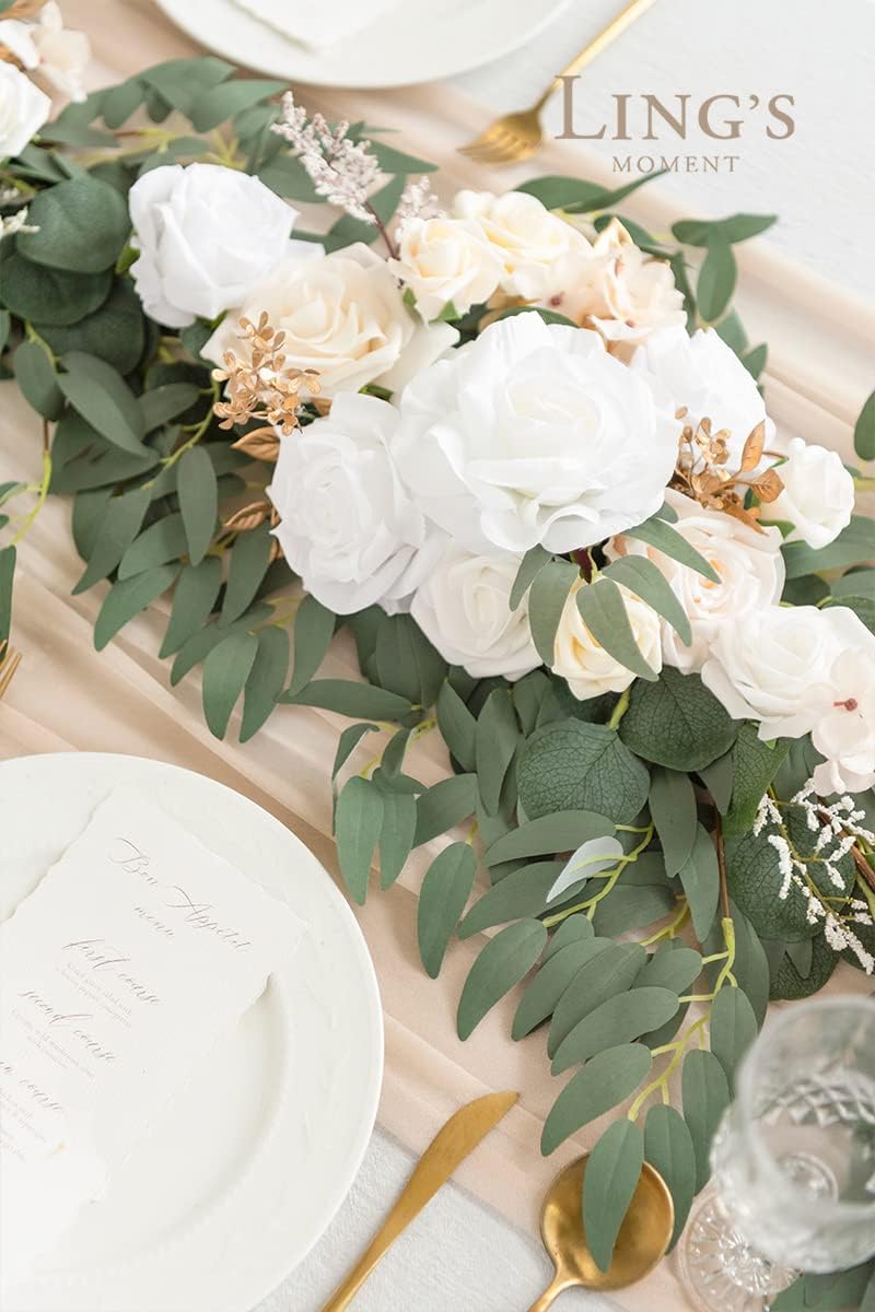 Ling's Moment Flower Garland - 6FT Eucalyptus & Rose - Sweetheart Table Decor for Wedding Reception, Artificial Silk Floral Garland for Mantle, Spring, Garden Christmas Decoration, White Beige