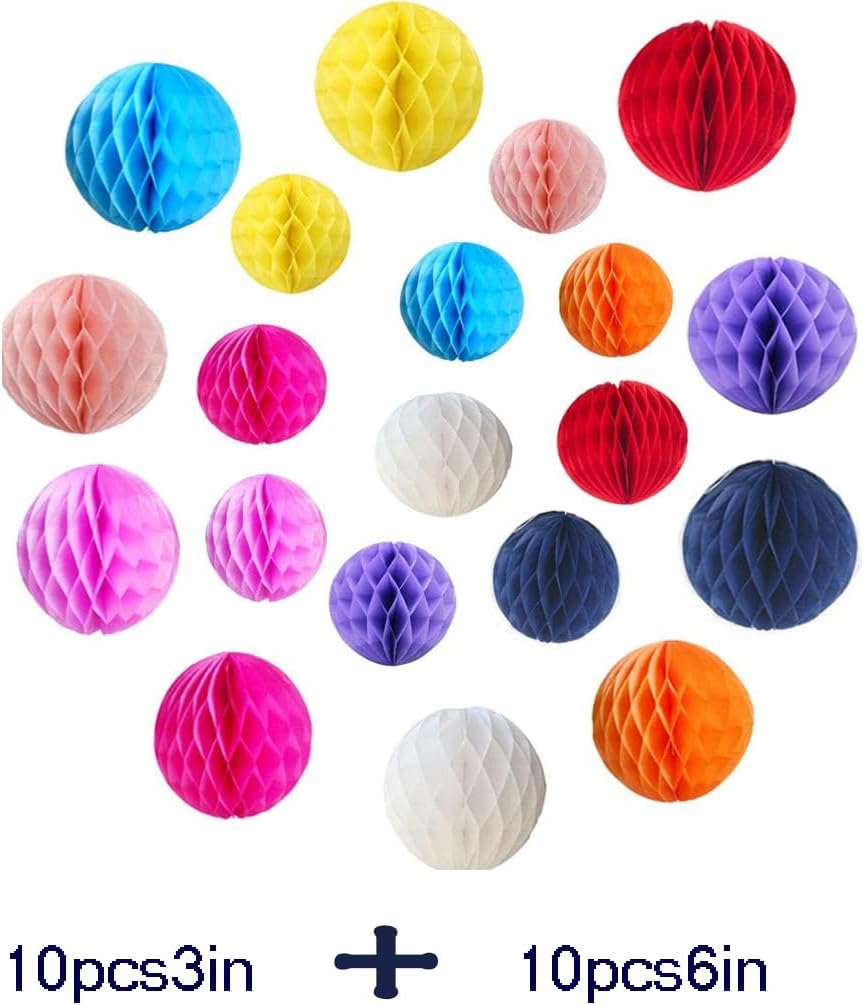 20pcs Honeycomb Flower Balls - Party Decoration Paper Flower Balls Tissue Paper Pom Poms for Birthday Wedding Home Decor (3inch+6inch, Colorful)