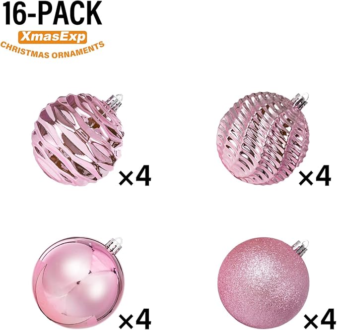 XmasExp 16ct Christmas Balls Ornaments Set- Shatterproof Large Hanging Ball Decorative Xmas Balls for Holiday Wedding Party Xmas Tree Decoration(3.15"/80mm, Pink)