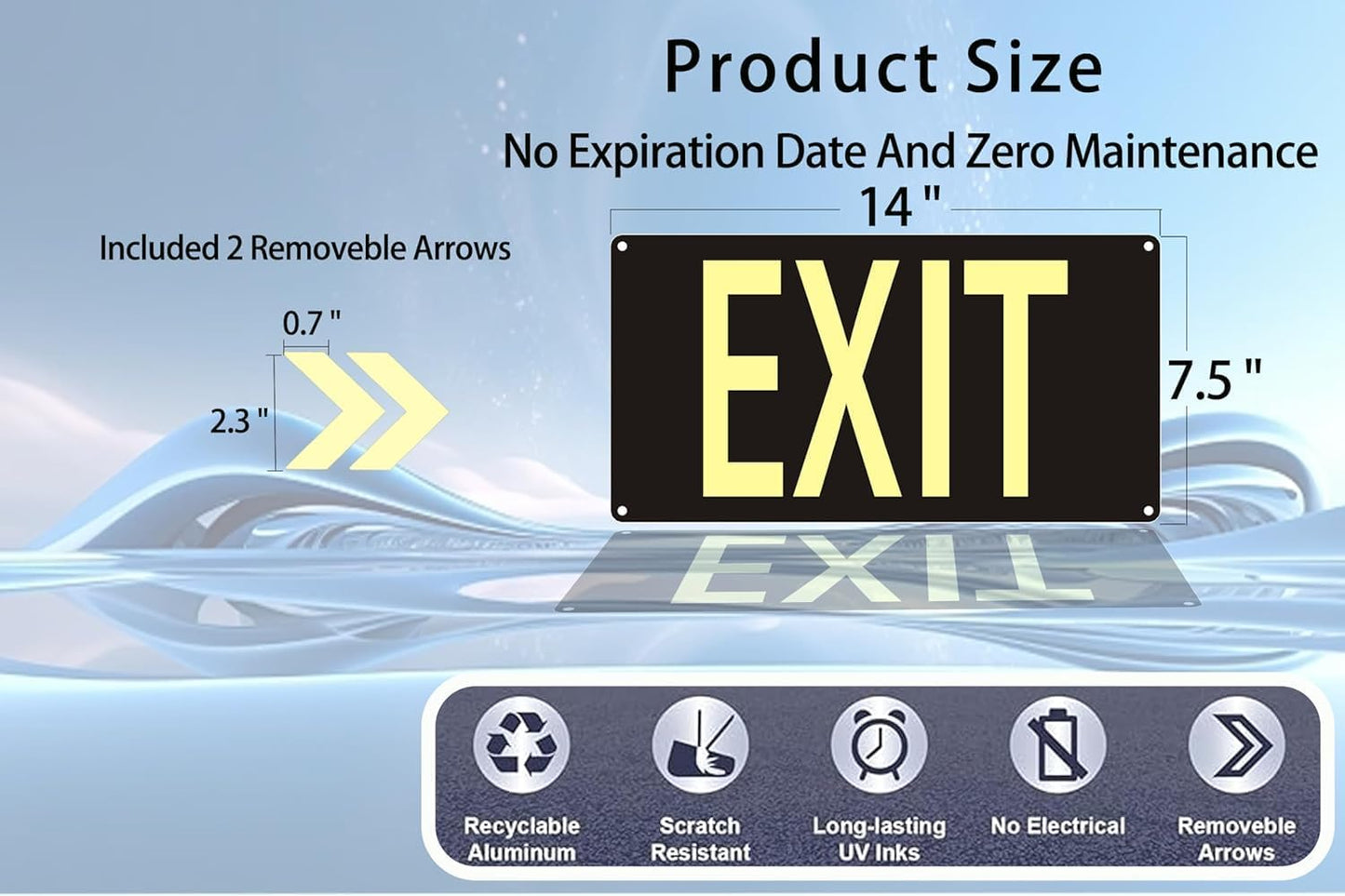 2Pack Photoluminescent Exit Sign Black, 14.25"x 7.5" Glow In The Dark Exit Signs Aluminum with 4pcs Removable Directional Arrows and Strong Adhesive Backing