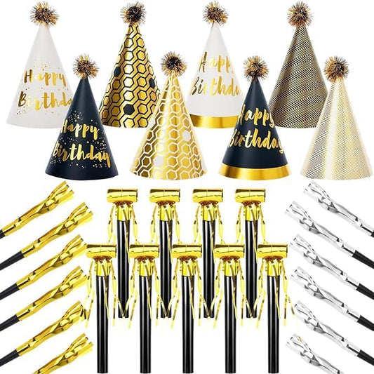 34 Pcs Birthday Party Hats - Gold Cone Hats Including 12 Paper Hats and 22 Noise Makers