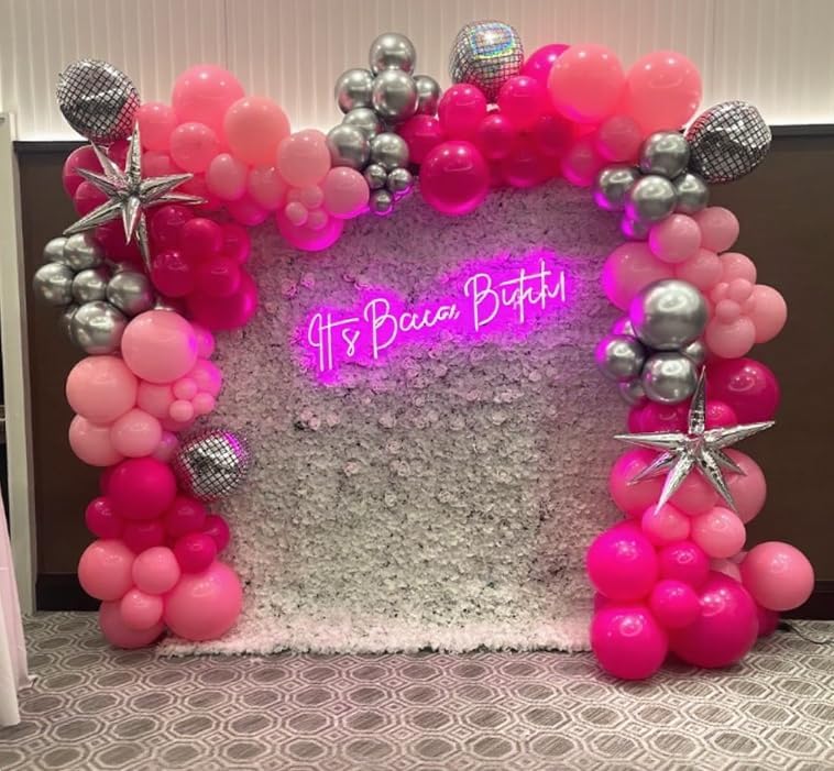 Paready Pink Balloons Set, 50PCS Hot Pink Latex Balloons, 12 Inch Confetti Balloon Metallic Silver Party Balloon Helium for Girls Women Baby Shower Princess Wedding Birthday Party Decorations