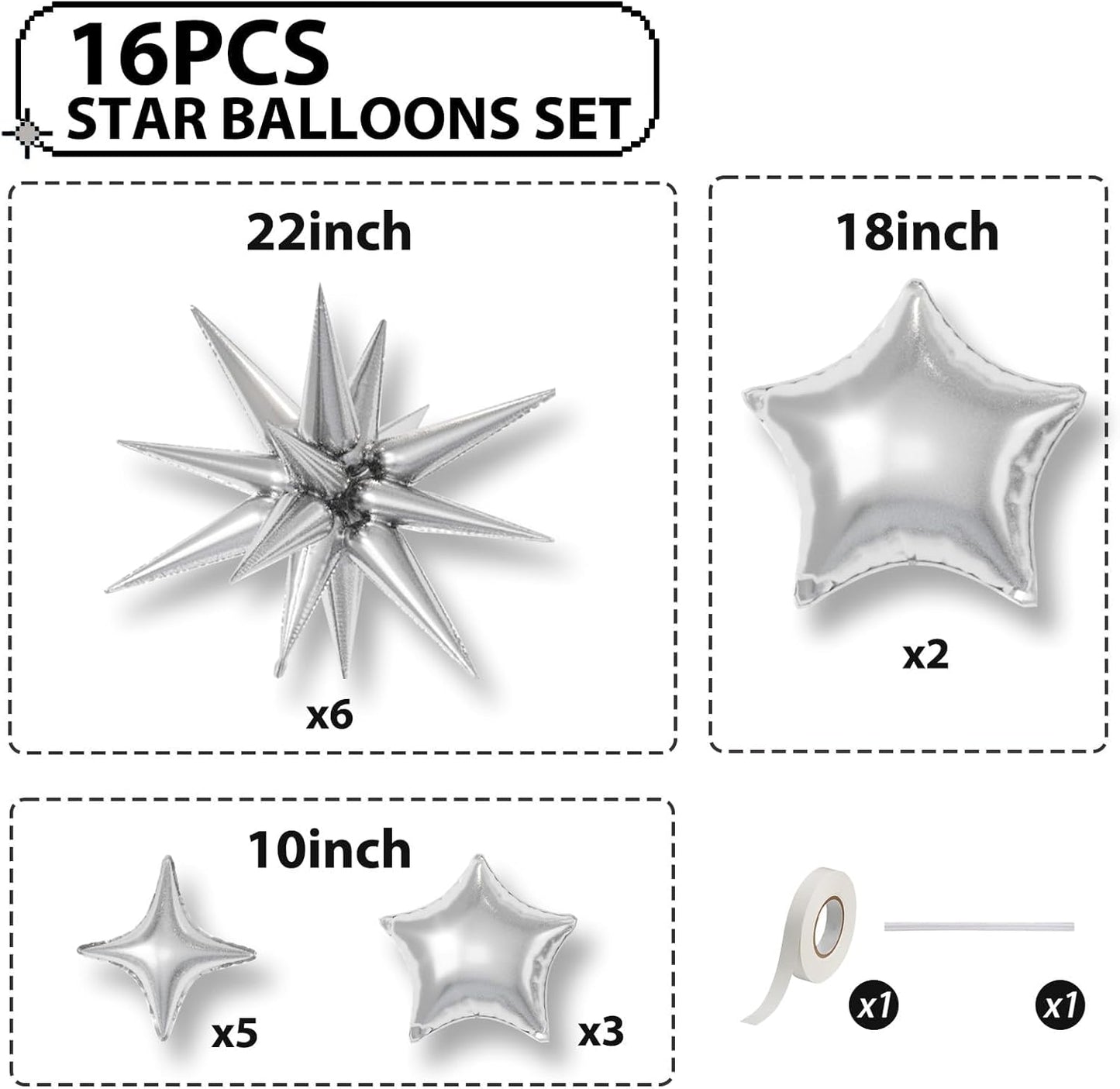 16 Pcs Silver Star Balloons, 22/18/10 Inch Foil Balloons, Four-Pointed Large Balloon for Kids Birthday Graduation Celebration Wedding Baby Shower Party Decorations