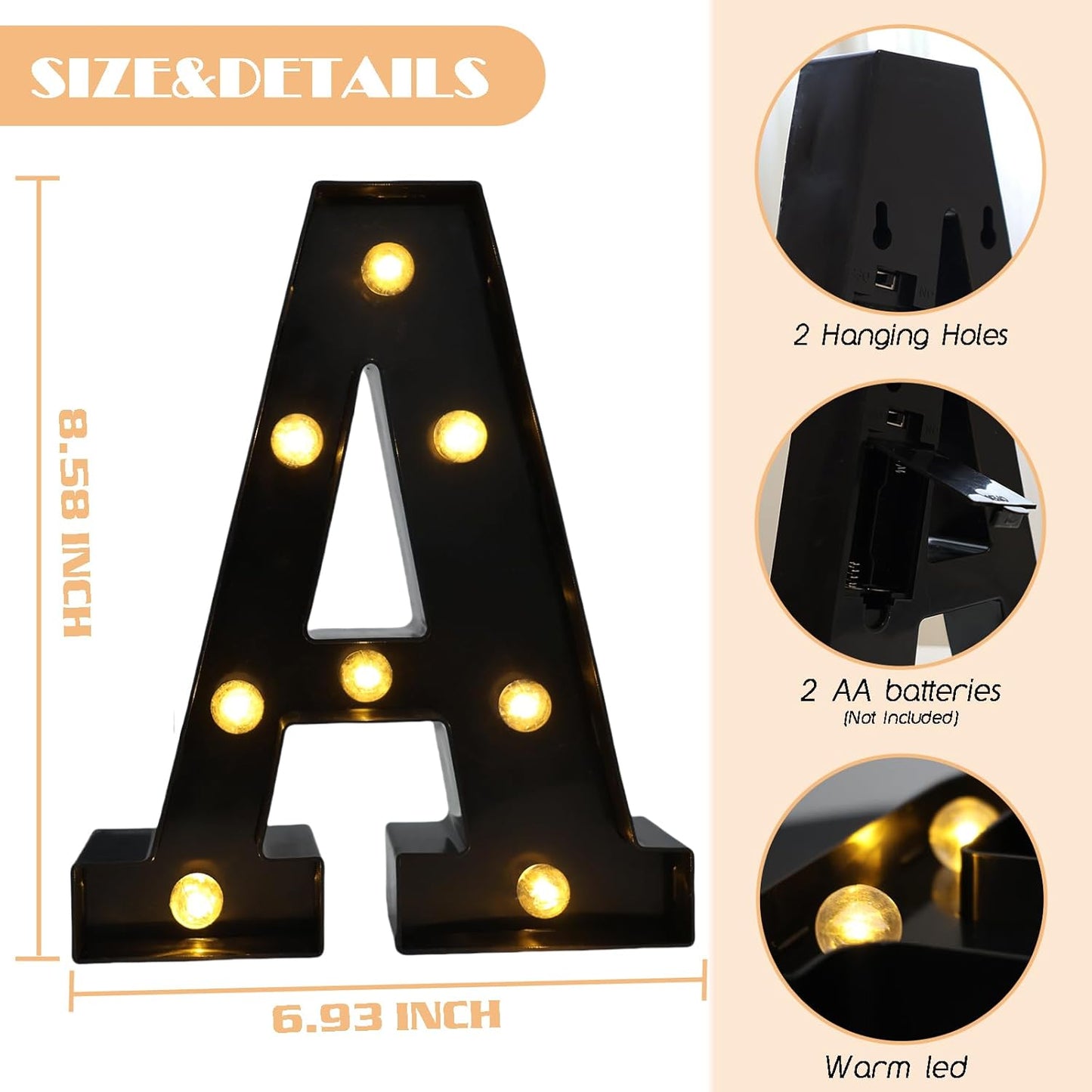 Led Marquee Letters, 8.58 Inch Black Light Up Letters, Small Led Letter Lights, Battery Powered Lighted Letterfor Table, Party, Birthday, Christmas Decor (Black, Letter A)