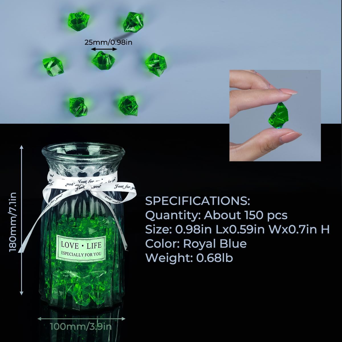 Babenest Acrylic Crushed Ice Rocks, 150 PCS Fake Crystals Plastic Ice Cubes Diamonds Gems for Vase Fillers, Home Decoration, Table Scatter, Event, Wedding, Arts & Crafts (Green)