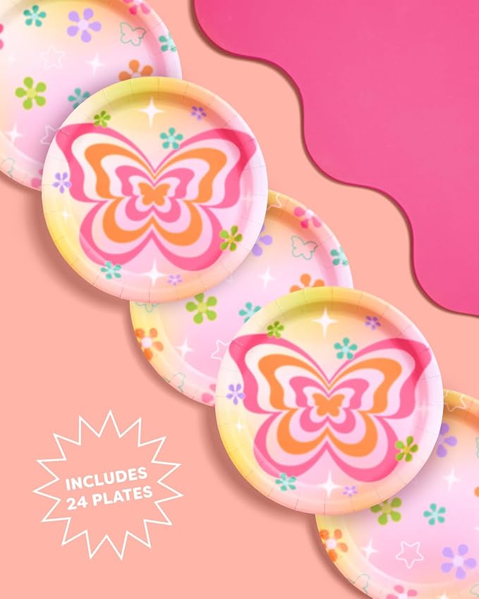 xo, Fetti Groovy Y2K Paper Plates, 2 Designs | 24 pcs 9" | Butterfly Kids Party Decorations, Girls Bachelorette Supplies, Rainbow Birthday Tablescape, Pastel Flower Decor