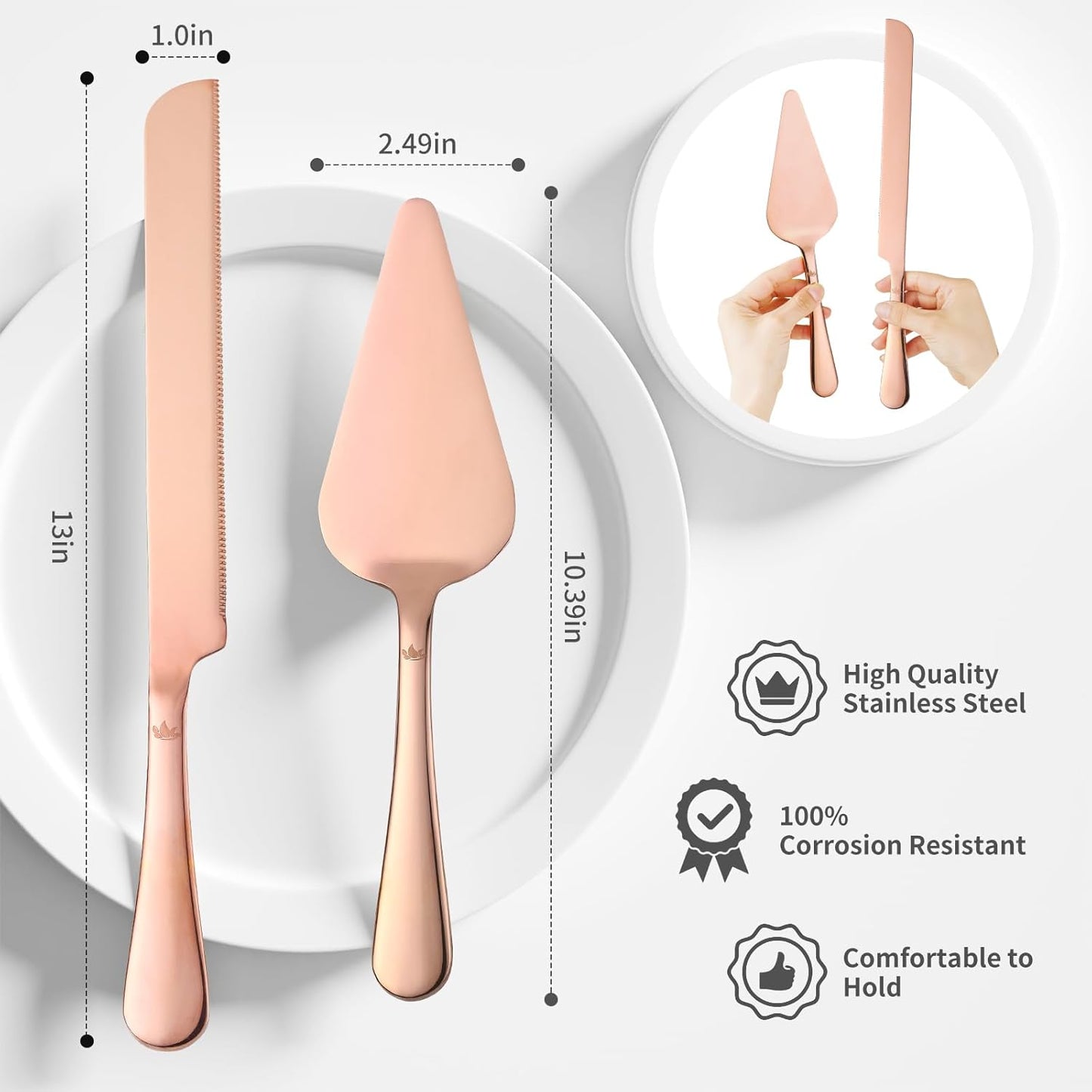 Cake Cutting Set for Wedding - Extended Cake Knife And Server Set Thickened Stainless Steel Cake Cutter and Pie Spatula Great for Birthday Anniversary Christmas Gift Rose Gold 2 Pcs