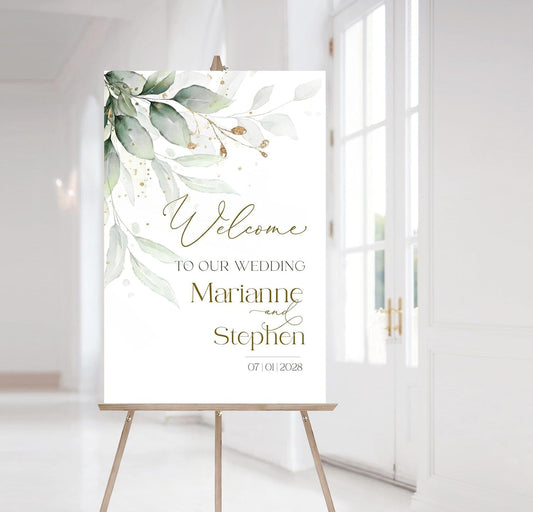 Personalized Wedding Welcome Sign, Greenery Eucalyptus Sage Gold Wedding Sign Signage 12" X 18" (Small), 27" (Medium), 36" (Large), Plastic, Modern, Pole Mount, Weather