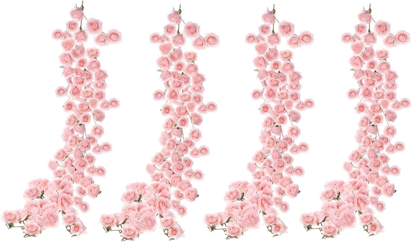 4 Pcs Pink Artificial Rose Vine Hanging Faux Flowers Garland for Wedding Anniversary Birthday Party Background Arch Garden Home Wall Room Decor