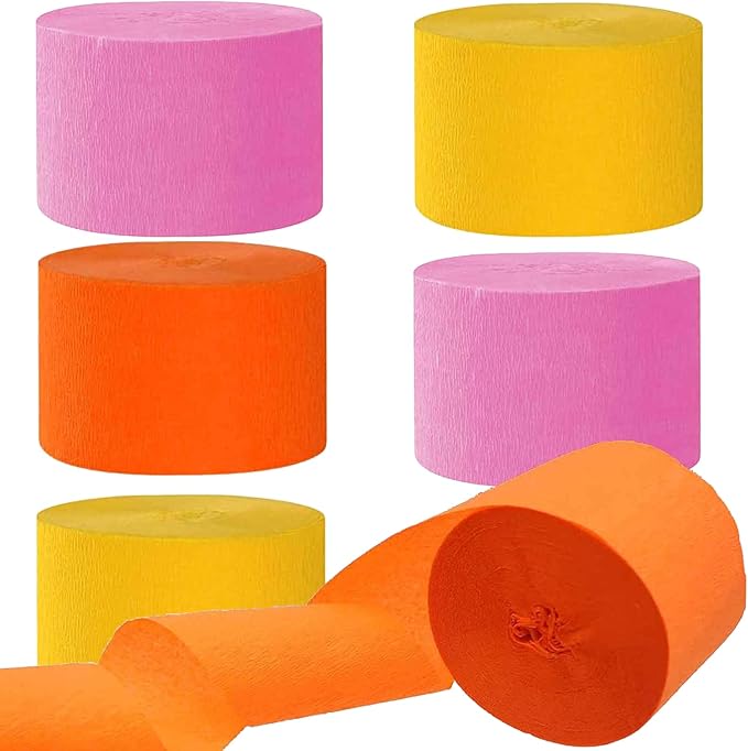 We Moment Pink Orange and Yellow Crepe Paper Streamers Party Streamer 1.8 Inch Widening 6 Rolls,Party Decoration Streamer 82 feet per roll for Birthday Party Decoration
