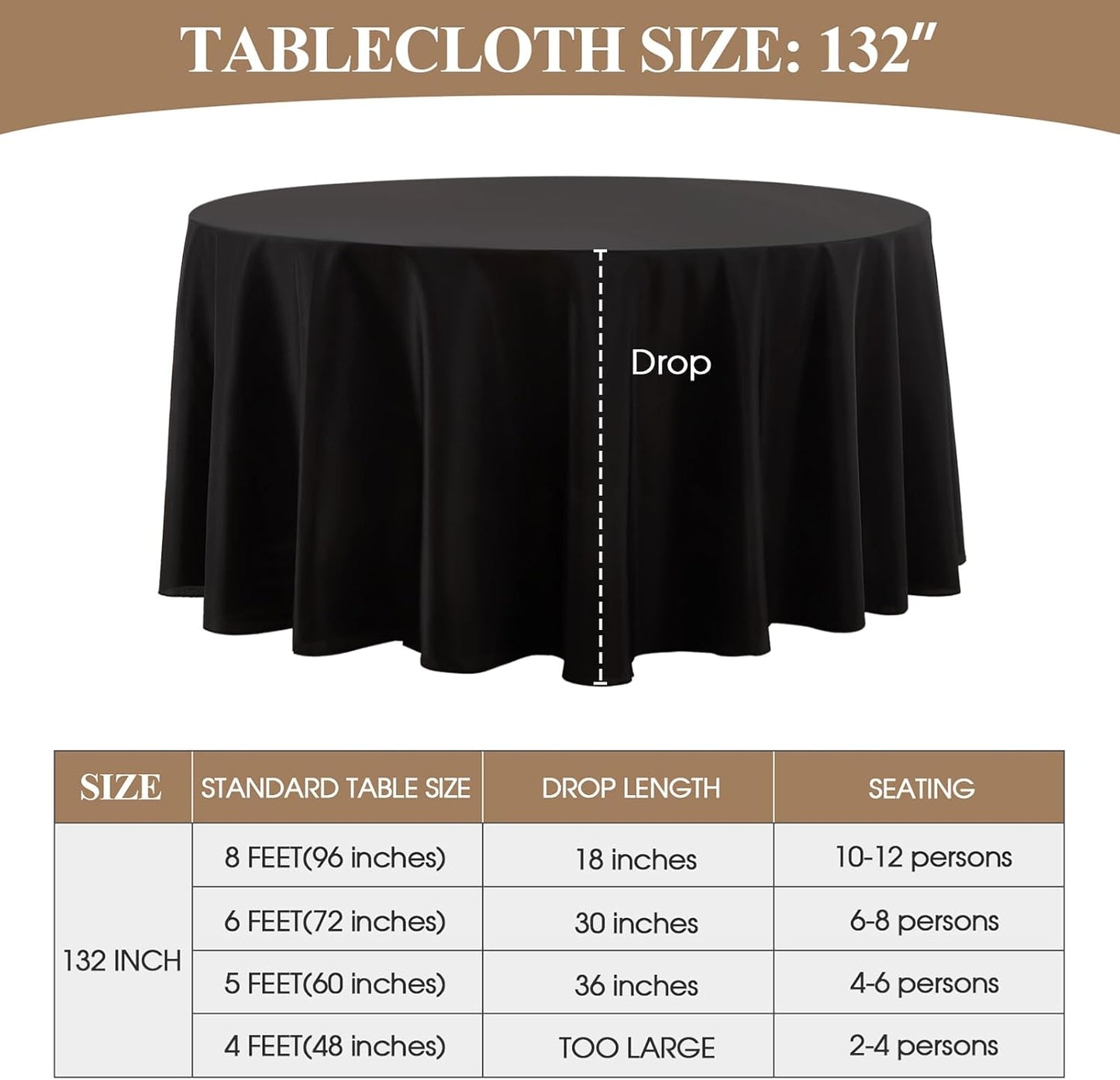 Round Tablecloth 132 Inch 1 Pack Black Tablecloths Washable Decorative Linen Polyester Table Clothes Cover for Dining Table Banquets Buffet Parties and Wedding