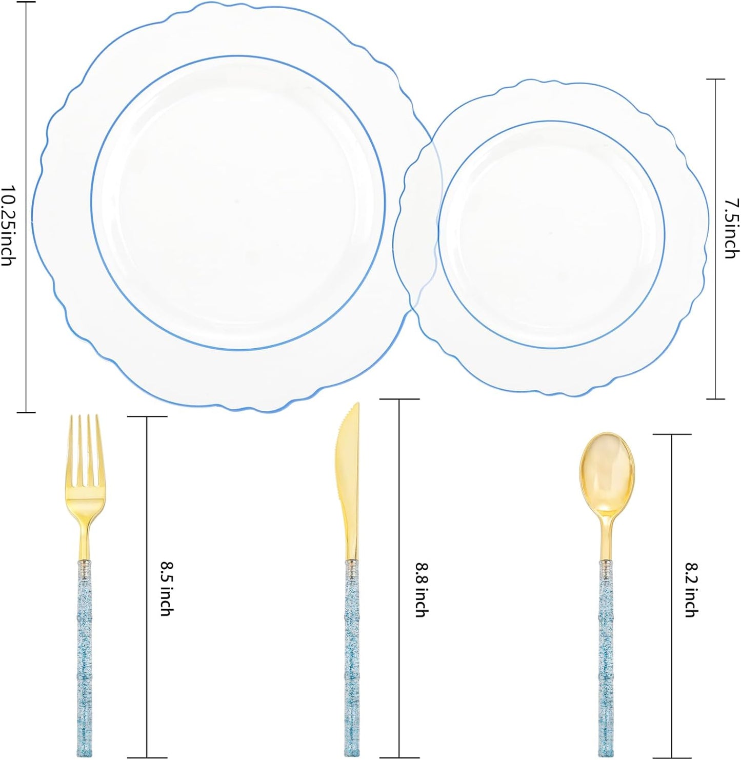 Liacere 150PCS Clear and Blue Plastic Plates-Clear and Blue Disposable Plates with Glitter Bamboo Handle Cutlery-60 Baroque Elegant Plates, 30 Forks, 30 Spoons, 30 Knives for Wedding＆Back to School