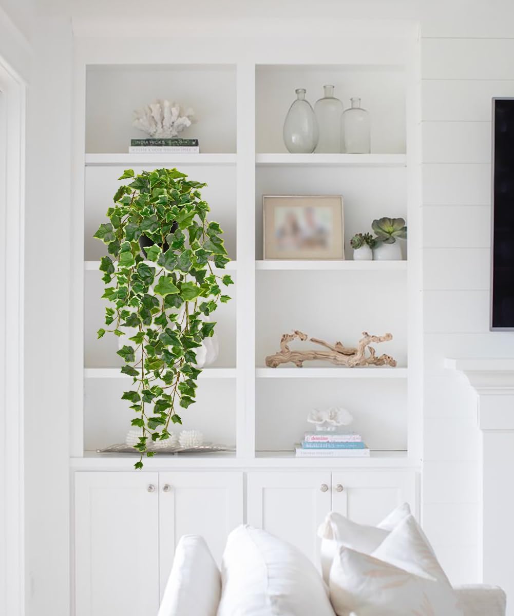 Hollyone Artificial Hanging Plants Potted 31.4" Fake Ivy Vine Faux Ivy Leaves Hanging Greenery Plant in Black Pot for Home Indoor Wall House Room Patio Shelf Office Decor
