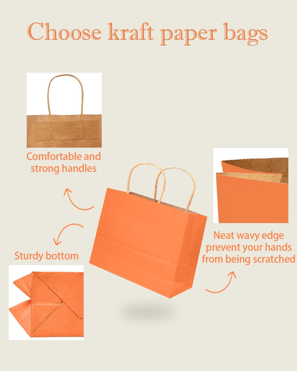 qiqee 100PCS Large Gift Bag with Handles Bulk 13"x4.5"x10" Gift Bags Kraft Orange Multiple Uses (32x11x25cm,Wide Large)