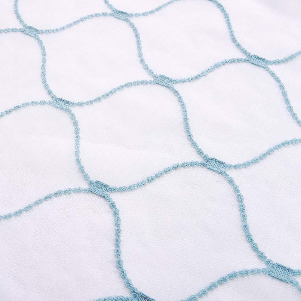 Embroidery Sheer Curtains Blue 63 Inches, Rod Pocket Voile Drapes for Living room, Bedroom, Window Treatments Wave Diamond Semi Crinkle Curtain Panels for Yard, Patio, Villa, Set of 2, 52"x 63".