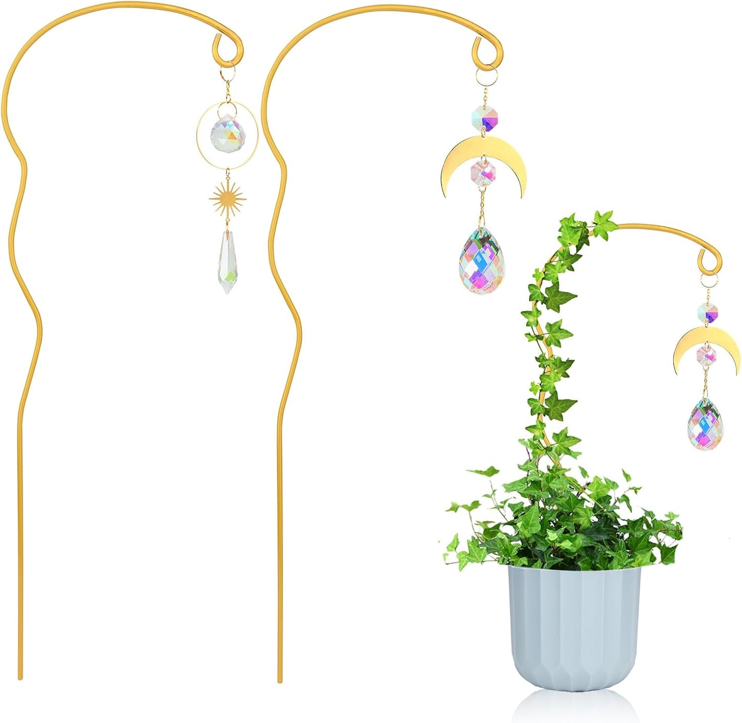 Plant Trellis for Potted Plants with Colorful Crystal Sun Catcher, 17.5 Inch Metal Plant Stakes for Indoor,Plant Accessories Indoor for Home Garden,Plant Lover Gift (Gold)