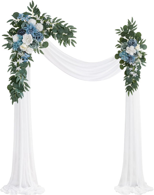 Light Blue Artificial Wedding Arch Flowers Kit (Pack of 3) with 26Ft White Shiny Arch Draping Fabric for DIY Wedding Party Ceremony Reception Backdrop Floral Decoration