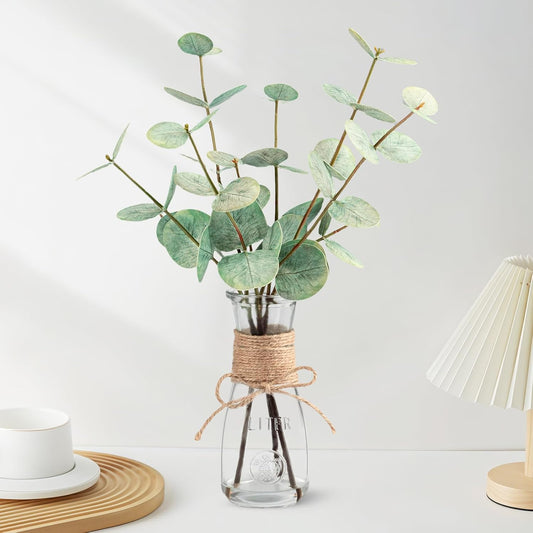 Artificial Eucalyptus Stems in Glass Vase with Faux Water, 15" Small Bathroom Greenery with Double-Sided Green Leaves, Farmhouse Office Decor, Realistic Fake Plant Wedding Centerpiece