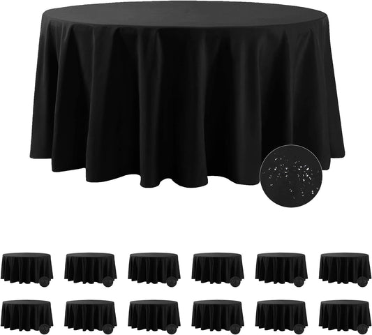 Fokitut 12 Pack Waterproof Round Tablecloth, 132 Inch, Stain Resistant and Wrinkle Polyester Table Cloth, Fabric Table Cover for Kitchen Dining, Wedding, Party, Holiday Dinner-Black