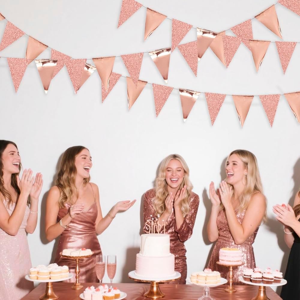 30Ft Rose Gold Party Decoration Rose Pink Triangle Pennant Banner Blush Pink Hanging Paper Flag Bunting for Graduation Wedding Bridal Shower Birthday Bachelorette Engagement Anniversary Party Supplies