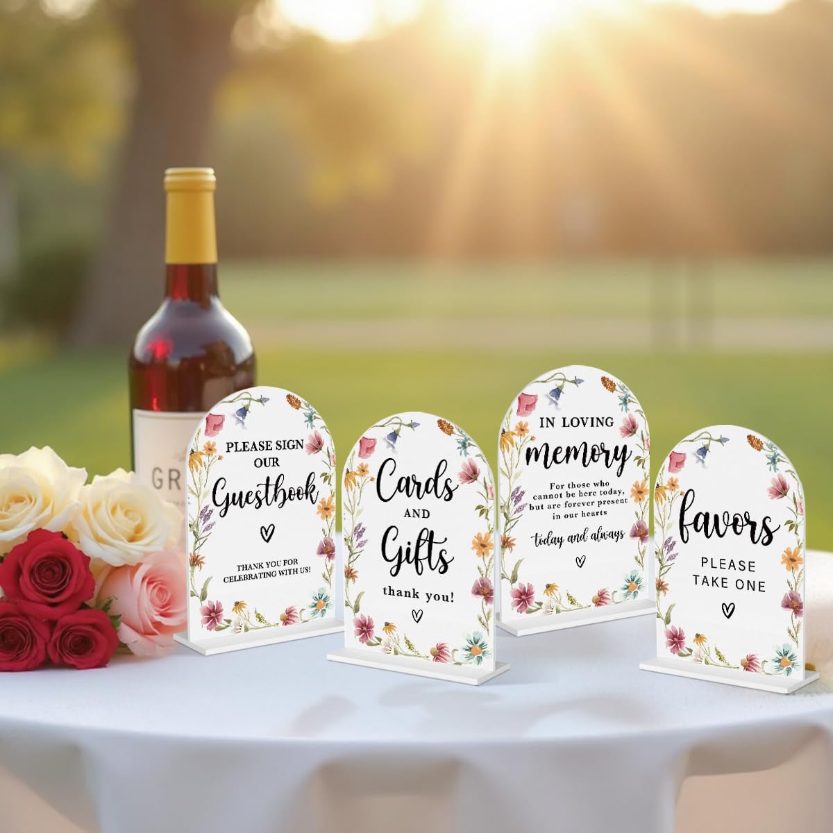 4 Pcs Acrylic Wedding Signs for Reception, Bridal Shower Decorations, Cards and Gifts Signs, Guest Book Sign, Arch Acrylic Table Top Sign with Holder for Wedding Reception (White Wildflowers)