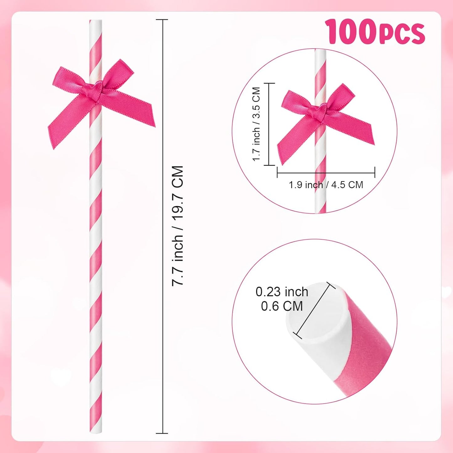 100 Pcs Rose Red Paper Straws for Drinking, Bow Disposable Striped Paper Straws Bulk Rose Red Theme Birthday Party Supplies for Wedding Cake Decorations Bachelorette Baby Shower