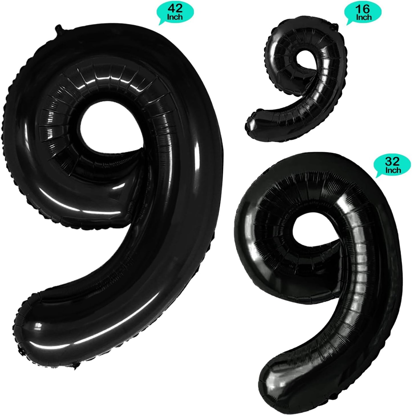 GOER Black Foil Balloons Number 9,Huge Number Balloons for 9th 19th 29th 39th 49th Birthday Party Supplies Anniversary Decorations (3 pcs,42 inch,32 inch,16inch)
