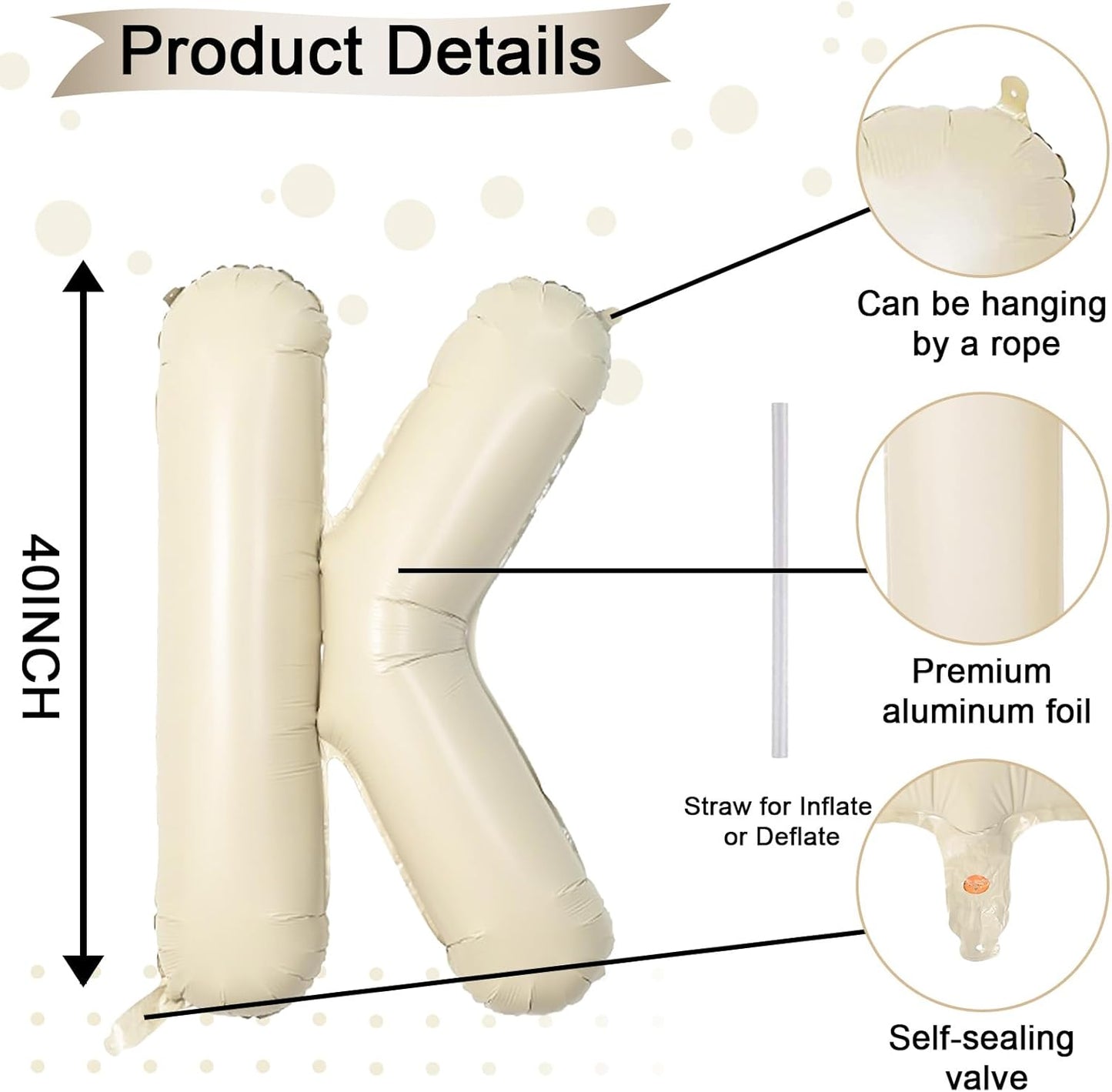 40 Inch Letter Balloons K, Big Custom A-Z Alphabet Foil Name Balloon Cream White, Self Inflating Beige Customize Helium Balloon Letters K for Women Girls Birthday Bride Baby Shower Party Decorations