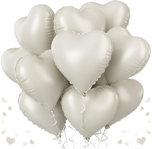 Cream Heart Balloons, 18 Inch Cream Heart Foil Balloons, 12Pcs Boho Beige Heart Shape Foil Balloon, Cream White Helium Foil Balloon Party Decoration for Boho Wedding Girls Women Birthday Baby Shower
