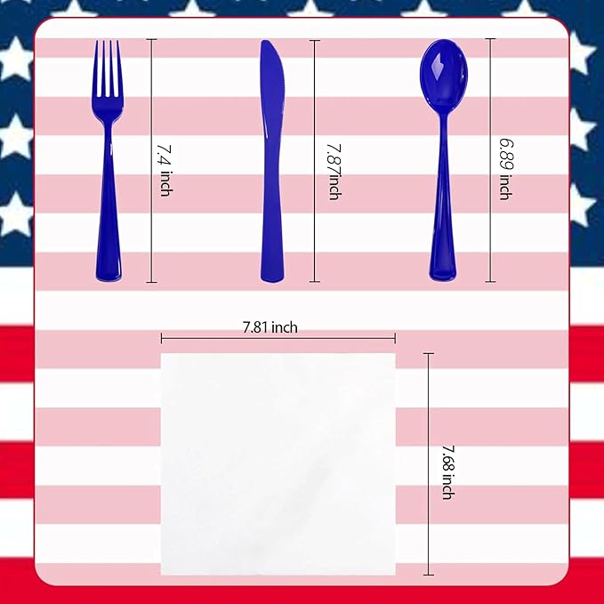 Liacere 100Pack Pre Rolled Blue Silverware and Napkin-Disposable Blue Plastic Utensils-Plastic Cutlery Set with Napkin:100 Forks,100 Knives,100 Spoons,100 Napkins for Wedding&Martin Luther King Jr Day