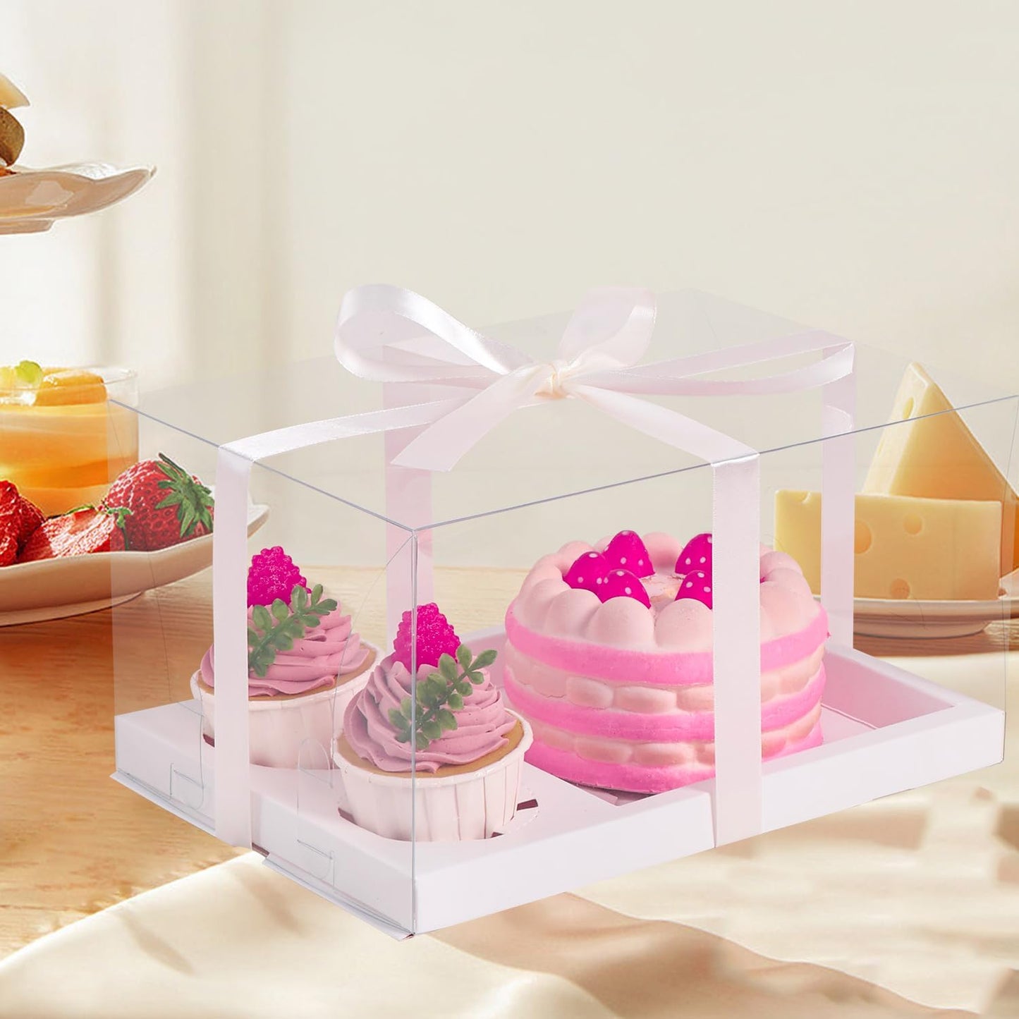 5 Pack Bento Cake and Cupcake Box with Gift Ribbon,Clear Window 1+2 Combination Bento Boxes,4-5in cake and 2 Cupcakes Combo Box Rectangle Cupcake Holder for Birthday Party Baking Supplies (1+2/5Pcs)