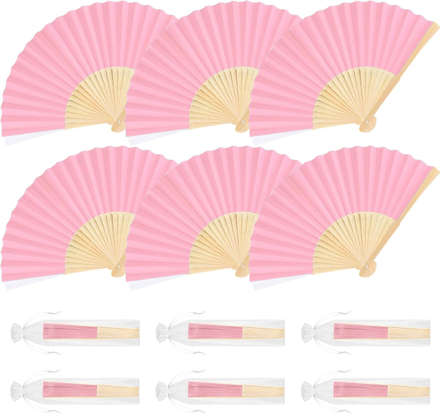 6 Pieces Pink Hand Held Bamboo Folding Fans Foldable Paper Fans Handheld for Women Girls Wedding DIY Decoration Church Home Party Favors Summer