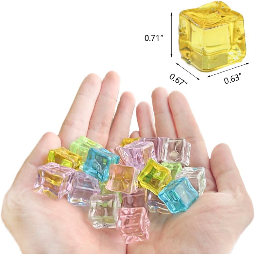 HappyFiller 76 PCS Crystal Square Small Acrylic Ice Cubes Clear Artificial Ice Rocks for Photography Props,Food Display,Vase Filler,Table Scatters,Crafts,0.7 Inch, Multi Colors