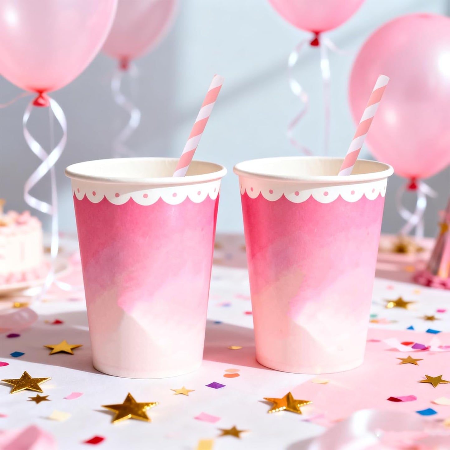 Disposable Pink Paper Straws - 7.75 inch Cute Pink White Striped Drinking Straws 100 Counts for Cocktail, Bridal Shower, Birthday, Party
