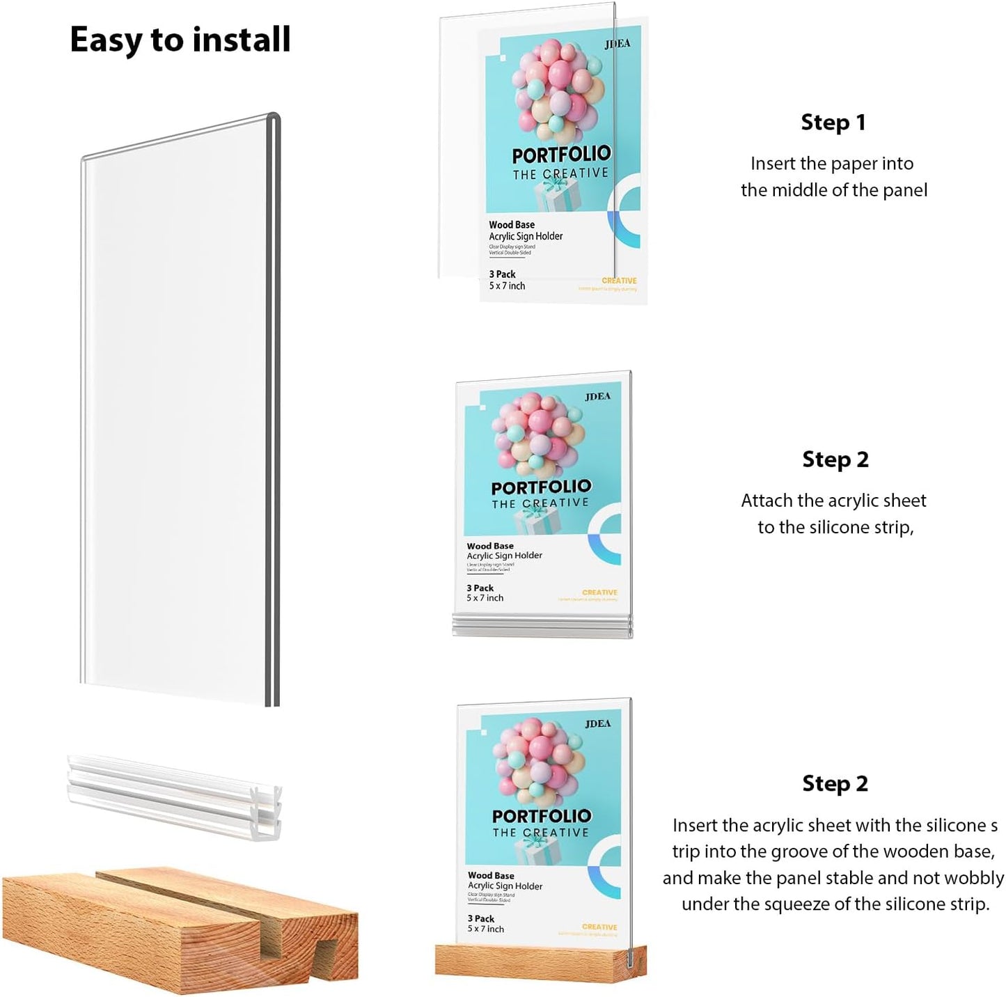 5x7 Inch Acrylic Sign Holder with Wood Base Vertical and Slant Displays(3 Pack 5*7")