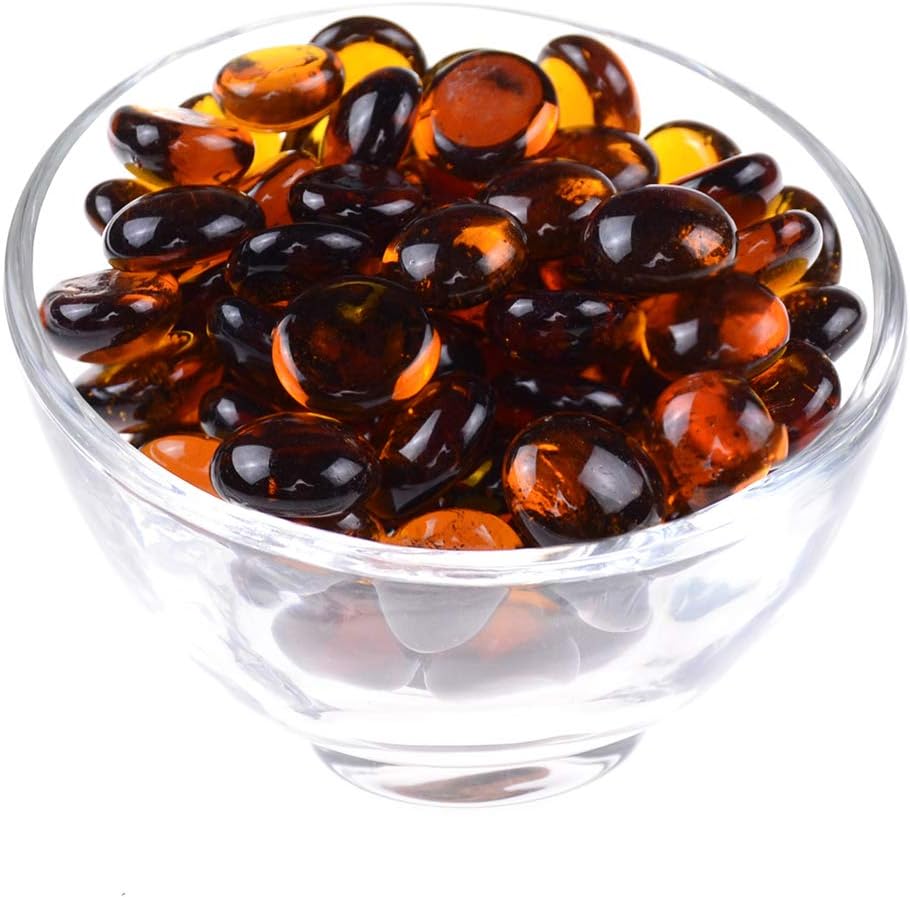 KINGOU Flat Glass Gems/Marbles/Stones/Beads for Vase Filler, Table Scatter, Games - 1 Lbs (17-19mm, Approx. 3/4")-Amber