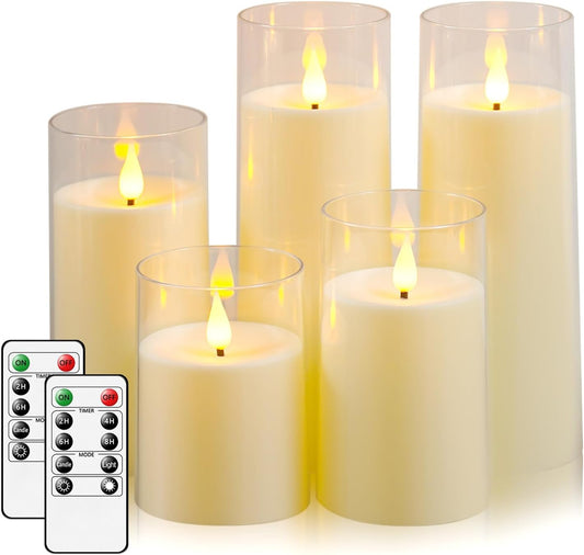 Fo32won Ivory White LED Flameless Pillar Candles Battery Operated with Remote and Timer, Pack of 5 (D 3"×H 4" 5" 6" 8" 8") Decorative Plexiglass Flickering Candles with 3D Flame