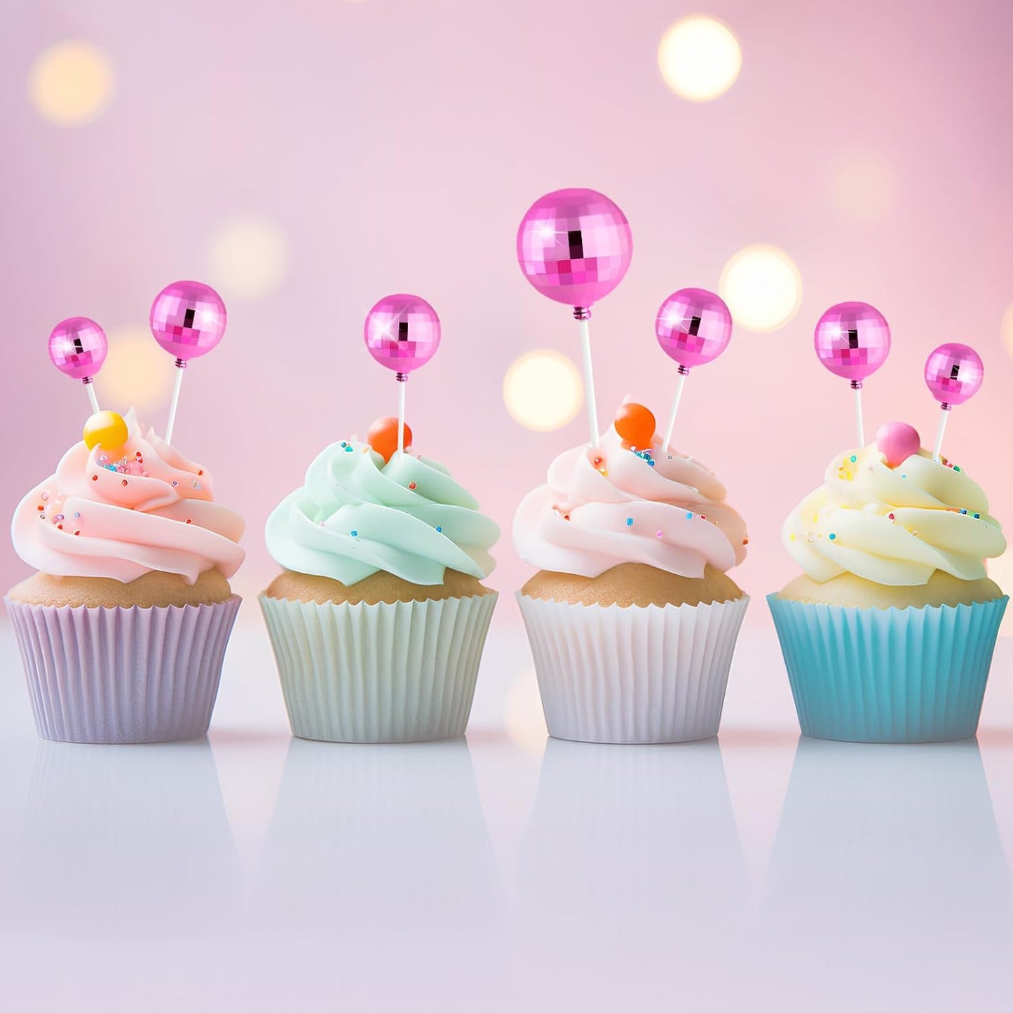 ASTARON 20 Pcs Disco Ball Cake Topper Decorations Sticks Pink Cake Balls Picks Toppers for Birthday Anniversary Disco Retired Theme Party Decorations