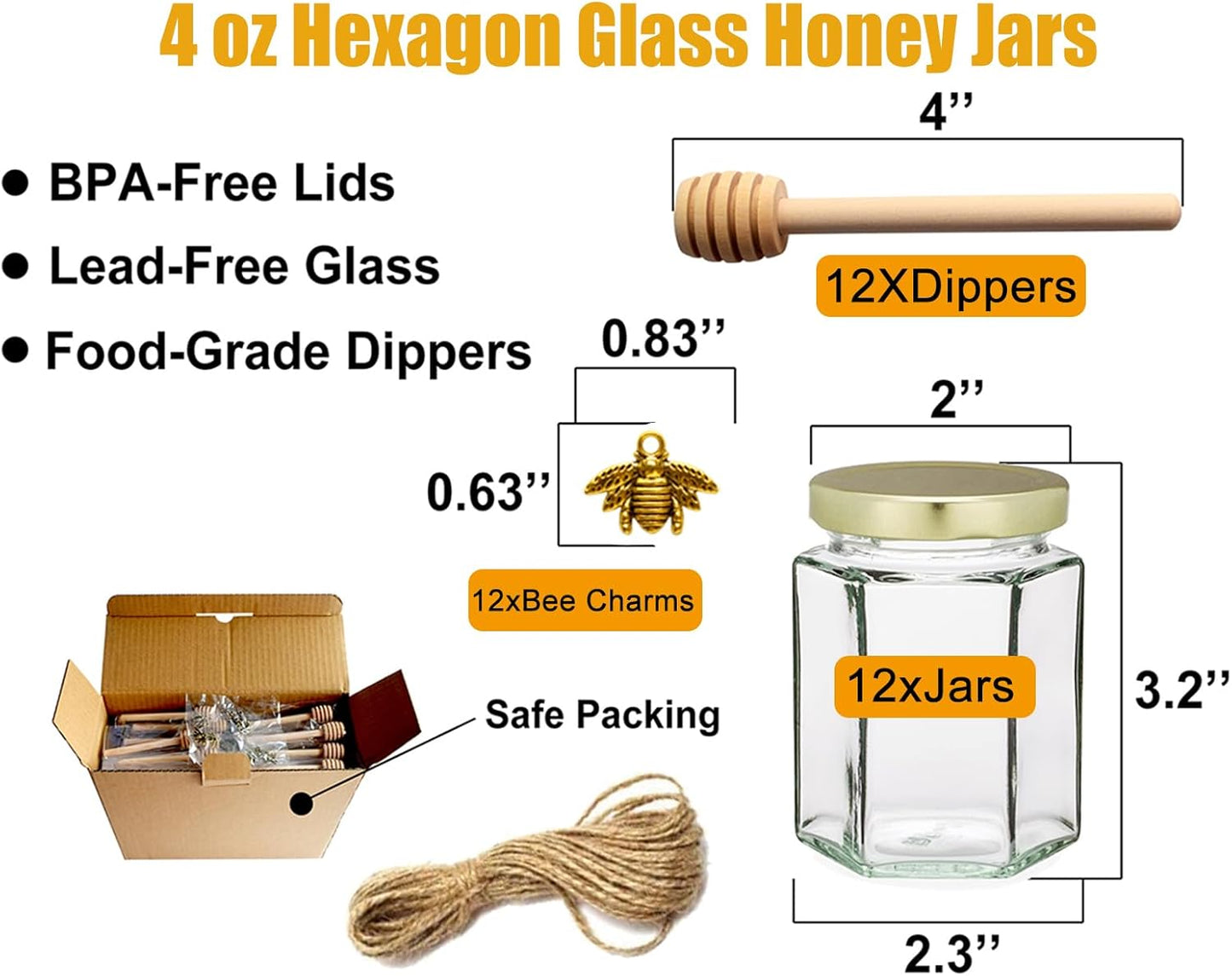 Adabocute 4oz Hexagonal Honey Jars - Glass Honey Jars with Gold Lids, Wooden Dippers, Bee Charms and Jutes - Hexagon Jars for Baby Shower, Wedding and Party Favors, 12 Pack